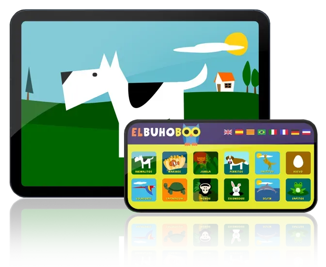 imágenes de la app de EL BUHO BOO en una tablet y un celular